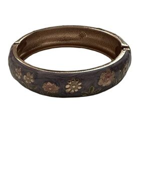Jiu Long Xing Lilac Lavender Purple Floral Inlay Enamel Hinged Bangle Bracelet